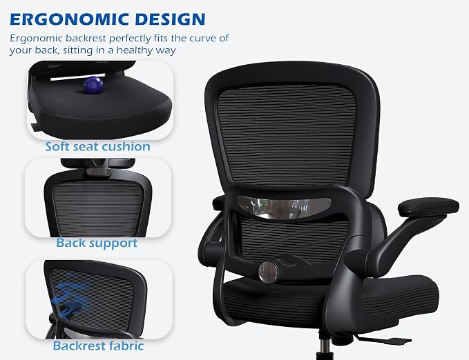 TRALT Ergonomic Office Chair Desk Chair with Adjustable Lumbar Support | Desk Chair Comfy with Flip-up Armrests Ergonomic Chair - Mesh Computer Chairs for Adults, 330lbs, PU Leather (Black, 1) - Image 7