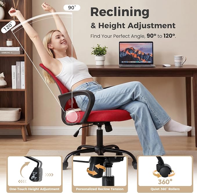 OLIXIS Ergonomic Office Chair 2 Pack, Home Desk Mesh Chairs, Lumbar Support | Height Adjustable, Fixed Armrest, Rocking Mode, 360 Swivel, 2 Pack Home, Red - Image 7