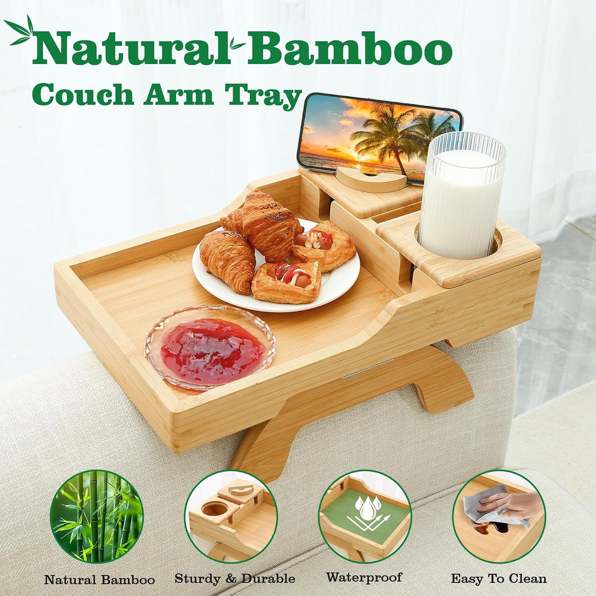 Bamboo Couch Cup Holder, 4 in 1 Couch Arm Trays with 360°Rotated Phone Holder, Non-Slip Clip on Side Table for Drinks/Remote/Snacks, Ideal Gift for Husband, Wife, Parents - Image 8