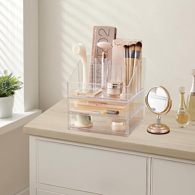 STORi Stackable Desk and Drawer Organizer, Clear Pen Pencil Makeup Brush Holder for Desktops and Vanities, 6 Compartment Caddy with 2 Wide Drawers (Made in USA) - Image 6