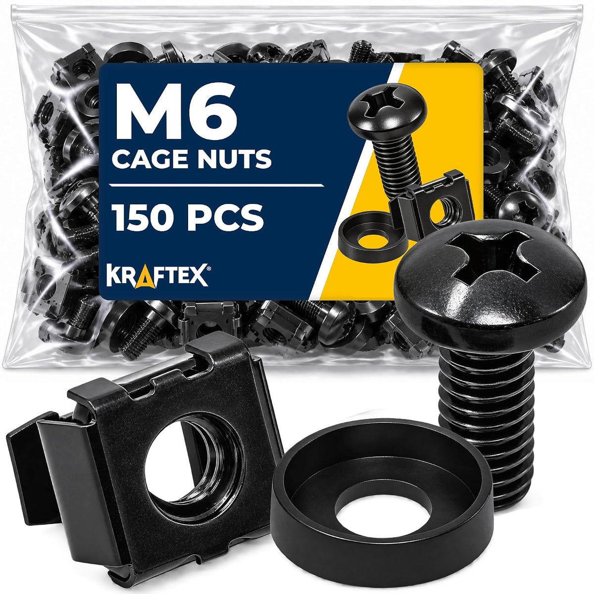 M6 Cage Nuts, Screws and Washers [Size: M6 x 16mm 150 Pack] Rack Mount Screws Hardware for use with Network and Server Rack Accessories, Routers, Cabinets and Enclosures. by Kraftex