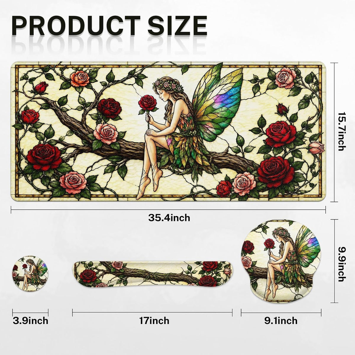 Keyboard Mouse Pad Set, 4 in 1 Desk Mat Set, Rose Fairy - Image 2