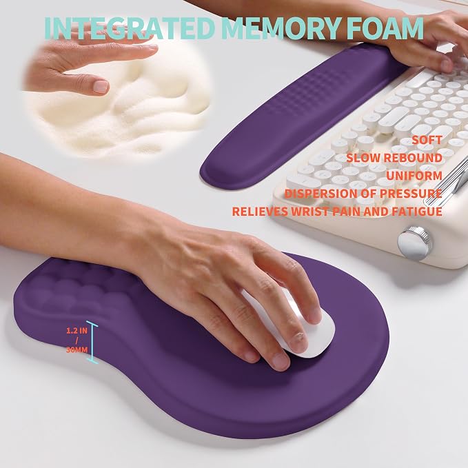 2-in-1 Ergonomic Set, Wave Rise Keyboard Wrist Rest and Massage Bulge Slope Mouse Pad Wrist Support, Cushion Memory Foam Integrated to Relieve Wrist Pain, Dark Purple - Image 4