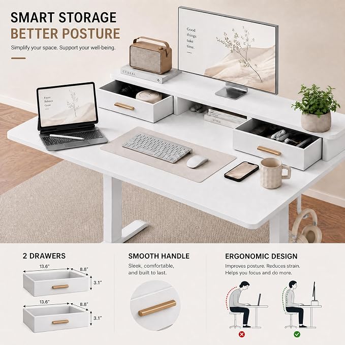Grandder Electric Standing Desk with Two Drawers, Sit to Stand Up Height Adjustable Desk with Storage Shelf for Home Office, 47 * 24 Inch, Study, Ergonomic Adjustable Computer Desk, White - Image 4