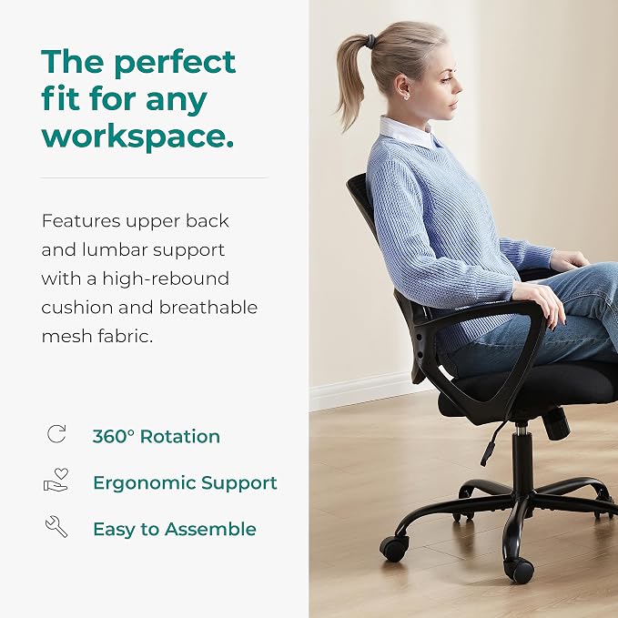 OLIXIS Home Office Chair, Mesh Desk Chair, Ergonomic Lumbar Support | Mid Back Computer Ergonomic, Height Adjustable Swivel Task, Large Seat Armrest, Adults, Black - Image 5