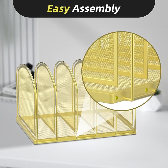 5-Section File Organizer for Desk, Metal File Folder Holder, Gold | 5 Vertical Compartments with Sturdy Metal Base for Office Documents Books Magazines and Laptop - Image 4