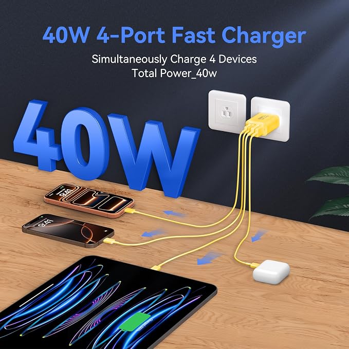 USB C Wall Fast Charger Block, 40W 4-Port Type C Chargers Fast Charging Blocks PD Power Charger Adapter+QC 3.0 USB Multiport Charger Brick for Phone 17/16/15/14/13/12 Pro Max, i-Pad, Galaxy S25-2Pack - Image 3