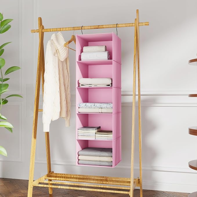 Hanging Closet Organizer 5-Shelf, Oxford Fabric Wardrobe Storage, Pink | Easy-mount foldable design holds clothes, handbags, shoes & accessories; washable Oxford fabric, sturdy and space-saving. - Image 2