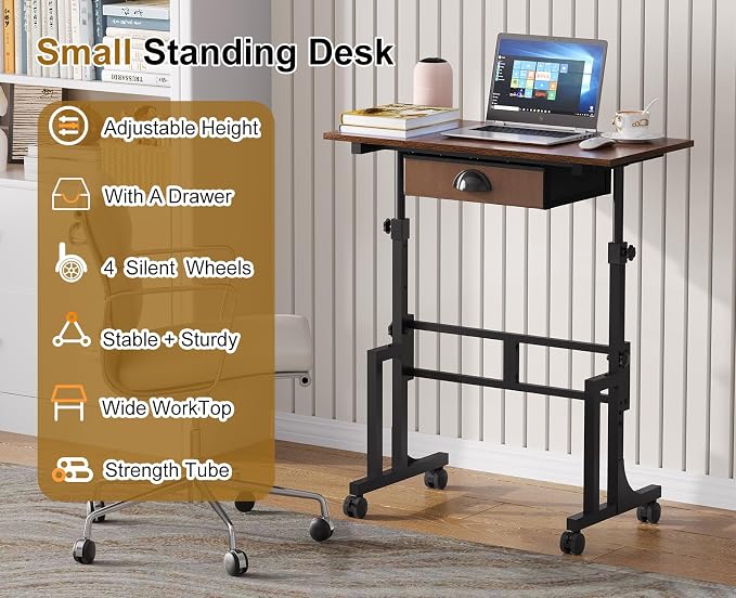 Adjustable Height Standing Desk With Drawer, Rolling Sit Stand Up Desk With Wheels, Small Sit To Stand Computer Desk, Adjustable Desktop Height, On Wheels, Brown, For Walking Pad Laptop Treadmill - Image 9