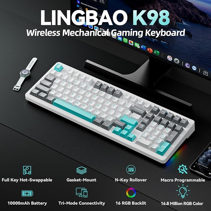 LINGBAO K98 96% Mechanical Creamy Wireless Gaming Keyboard With Number Pad | BT5.0/2.4G/USB-C, Gasket Custom Hot-Swappable Keyboard, 10000mAh Battery, RGB Backlit, Creamy Sound for Windows Mac PC Gamers - Image 2