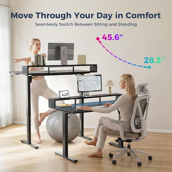 Klicelor Electric Standing Desk with Shelf, 55 Inch Height Adjustable Desk with Power Outlets & LED, Sit Stand Up Table with Monitor Stand, Computer Workstation for Home Office, Black - Image 6