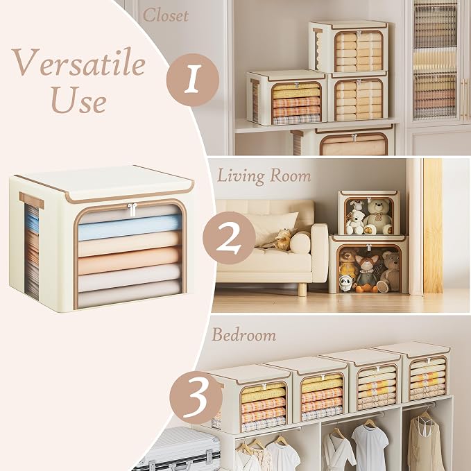 Yecaye Clothes Storage Bins with Lids & Clear Window, Beige, 40L, 3 Pack | Metal Frame, Foldable, Organizer Box Zippers & PU Leather Handles - Image 5