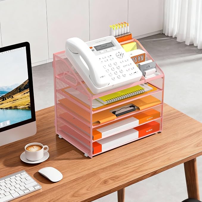 DocNest 5 Tier Metal Mesh Desk File Organizer with Phone Shelf, Pink | Desktop letter tray sorter features a 9.1x9.1 inch top phone holder, built-in sticky note compartment and pen holder - Image 7
