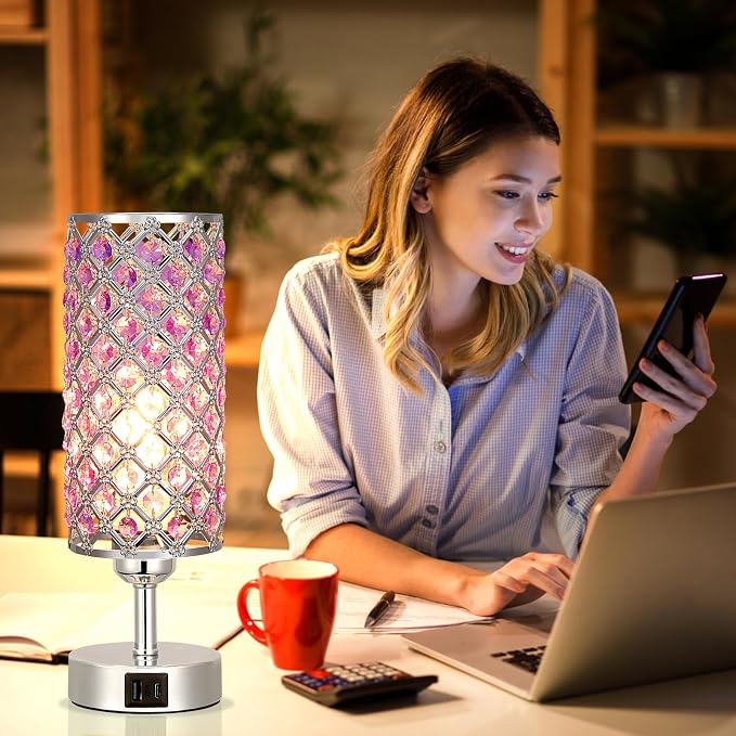 Crystal Table Lamp, 3 Way Dimmable Touch Lamps for Night Stands, Purple | Purple Crystal Table Lamp with USB C+A 3-Way Dimmable Bedside Lamp - Image 2
