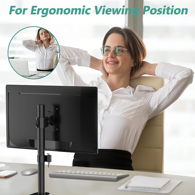 WALI Single Monitor Mount, Vesa Monitor Arm for 13-32 inch, up to 22lbs | Adjustable Monitor Mount for Desk, Full Motion with Tilt, Swivel, Rotation, C-Clamp/Grommet Mounting, VESA 75/100mm (M001S) - Image 7