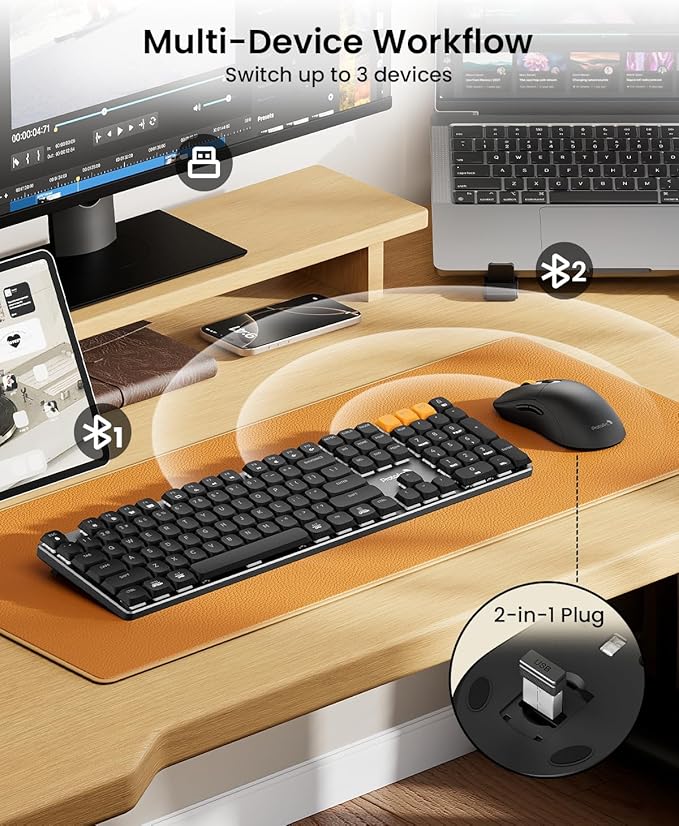 ProtoArc KM310 Wireless Mechanical Keyboard and Mouse, No Backlight | Aluminum quiet mechanical keyboard connects 3 devices via Bluetooth/2.4G, lightweight mouse, rechargeable, for Windows/Mac - Image 3