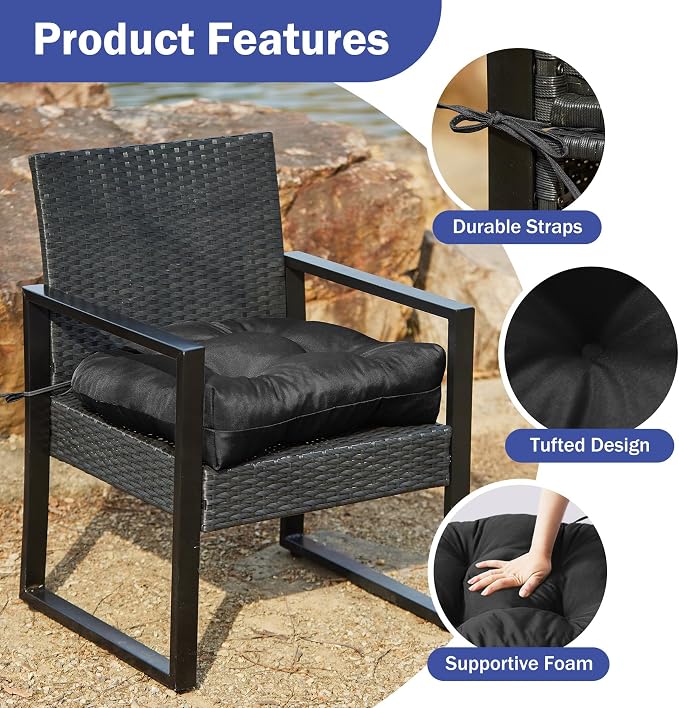 IPYNBAP Outdoor Chair Cushions Set of 2, Patio Chair Cushions with Ties,19x19+5” Tufted Outdoor Seat Cushions, Waterproof Patio Furniture Cushions, Outdoor Dining Chair Pads, Black - Image 5