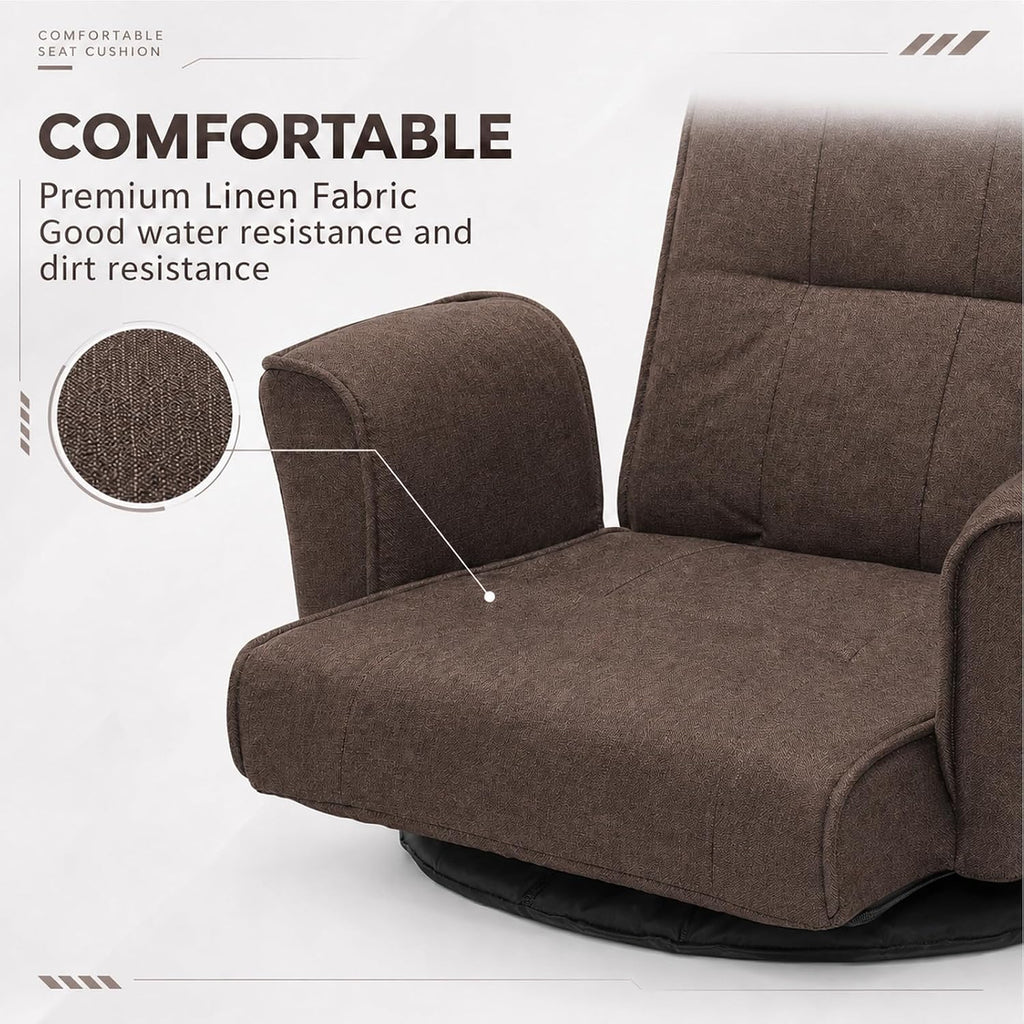 360° Swivel Floor Chair, Adjustable Reclining Floor Gaming Chair with Armrests, Linen Fabric Folding Lazy Sofa Chair, Multi-Position Floor Prayer Chair for Meditation Reading Napping, Brown - Image 4