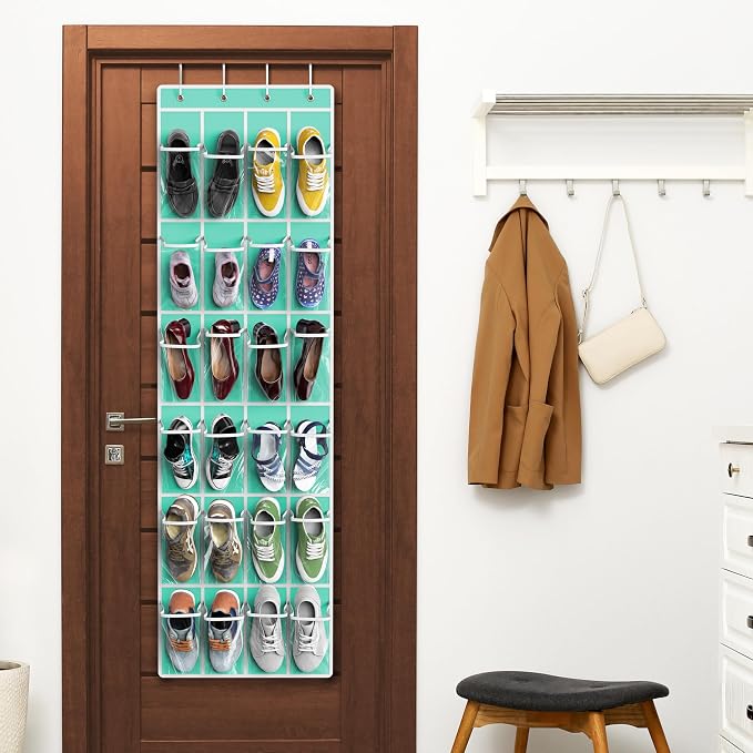 Simple Houseware 24 Pockets Clear Over the Door Shoe Organizer, Turquoise | 64" x 19", 4 Durable Metal Hooks, 4.3" x 9.5" Pocket Size, Multipurpose - Image 6