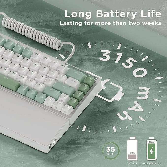 RK ROYAL KLUDGE S70 Ergonomic Split Keyboard, Linear Switch White | Wireless RGB Mechanical Keyboard with Bluetooth/2.4G/USB, 75% Hot Swappable Gaming Keyboards w/Fixed Wrist Rest, PBT Keycaps - Image 6
