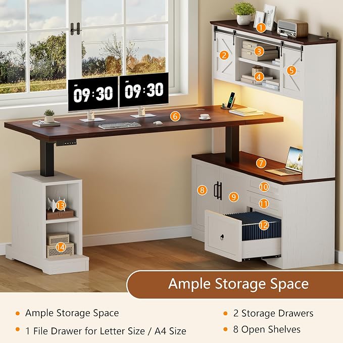 71" LED L Shaped Standing Desk with Hutch and Drawers White | Farmhouse Adjustable Corner Desk, Sit Stand Office Deskwith 4 AC Outlets & Type C, Executive Computer Desk with Cabinet - Image 8