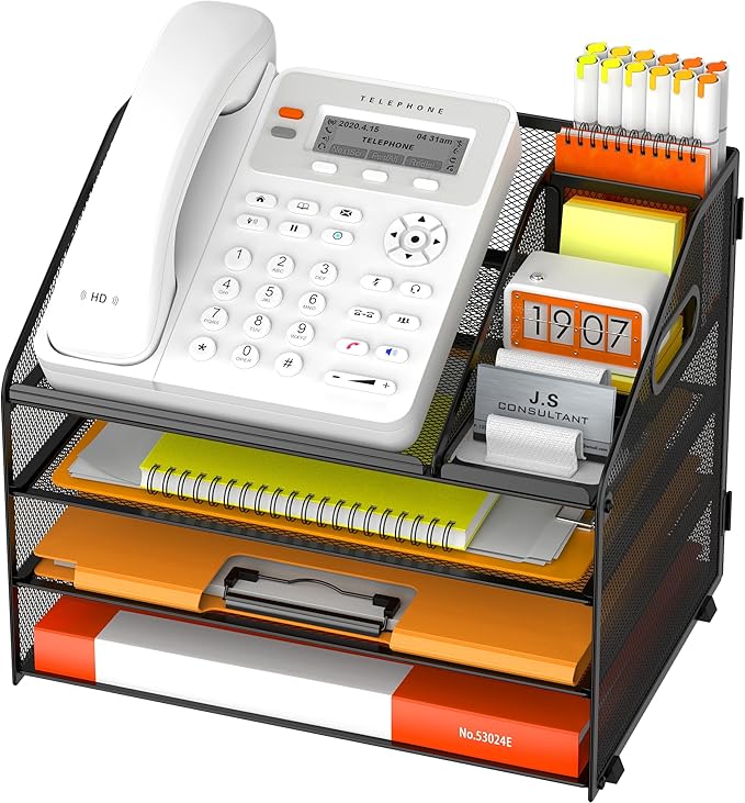 DocNest 4 Tier Metal Mesh Desk File Organizer with Phone Shelf, Black | Desktop letter tray sorter features a 9.1x9.1 inch top phone holder, built-in sticky note compartment and pen holder by DocNest