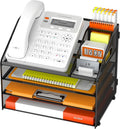 DocNest 4 Tier Metal Mesh Desk File Organizer with Phone Shelf, Black | Desktop letter tray sorter features a 9.1x9.1 inch top phone holder, built-in sticky note compartment and pen holder by DocNest