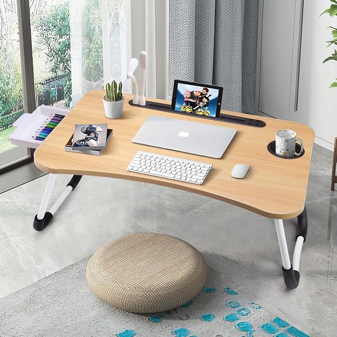 Slendor Bed Desk for Laptop and Writing with Storage, Cup Holder, Light | Fan, Pen Holder,Tablet Holder,Foldable, for Bed, Couch, Floor, Portable,Walnut - Image 4
