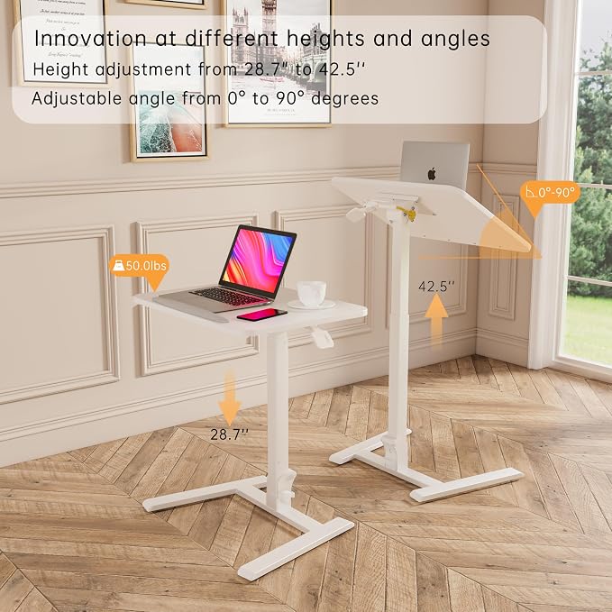 25" Mobile Folding Desk: Pneumatic Sit-Stand, No Assembly | 29-42" Height Adjustable Rolling Laptop Desk, Hidden Wheels, 0-90° Tilt Top. Ideal for Home Office, Craft & Study. - Image 7