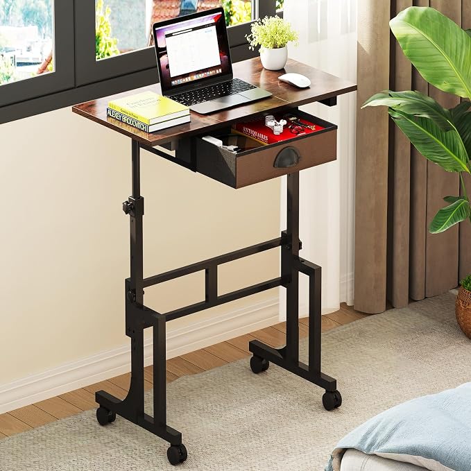Adjustable Height Standing Desk With Drawer, Rolling Sit Stand Up Desk With Wheels, Small Sit To Stand Computer Desk, Adjustable Desktop Height, On Wheels, Brown, For Walking Pad Laptop Treadmill by Cidaziya