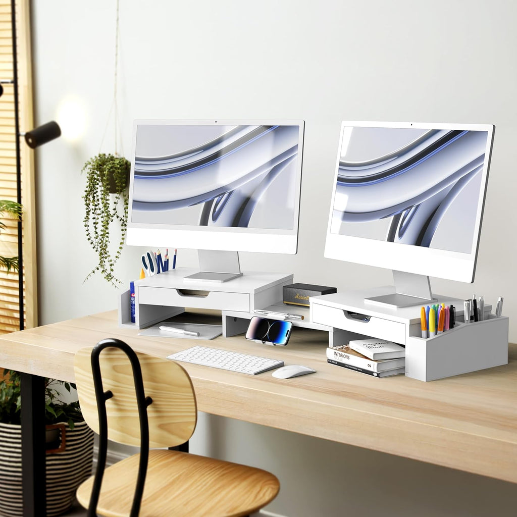 Simple Houseware Desk Dual Monitor Stand Riser with 2 Drawers, White - Image 5