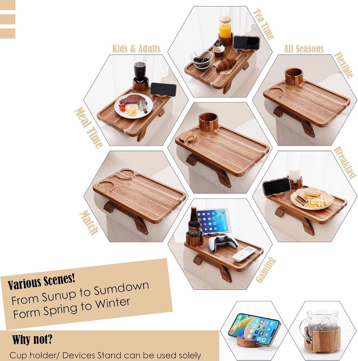 Nnewvante 2 Pack Couch Armrest Table, Acacia Wood Sofa Arm Clip On Tray - Image 9