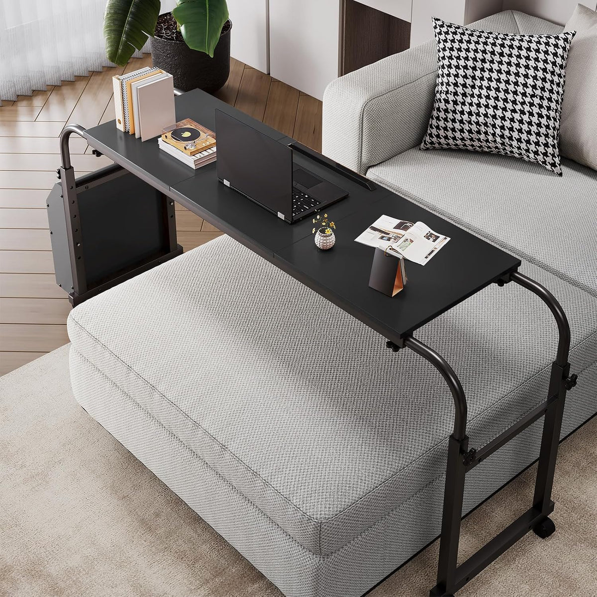 Overbed Table with Wheels,60.6-84.2 inches Mobile Bed Desk, Black - Image 6