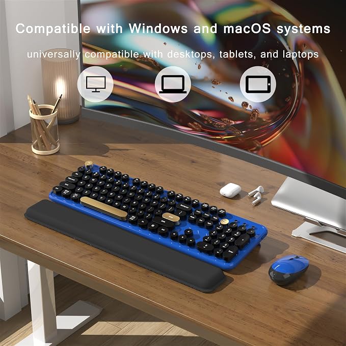 Colorful MPTOG Wireless Computer Keyboard and Mouse Combo (Black-Blue) | Retro Round Typewriter Keycaps, Power Switch, Ergonomic Design, 2.4GHz Wireless for Windows, Mac, PC - Image 3