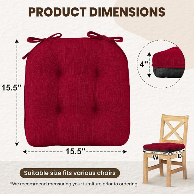 downluxe Indoor Chair Cushions for Dining Chairs, Tufted Overstuffed Textured Kitchen Chair Pads with Ties and Non-Slip Backing, 15.5" x 15.5" x 4", Red, 6 Pack - Image 2