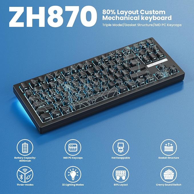 ZORNHER ZH870 Wireless Gaming Mechanical Keyboard,80% Black Custom Creamy Sound Keyboard with Spider Web IMD PC Keycaps,Creamy Sounding Linear Switches,Hot-Swappable,RGB Backlit,2.4GHz/USB-C/BT5.0 - Image 2