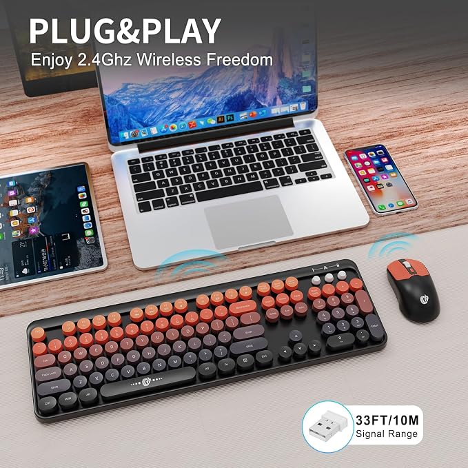 Wireless Keyboard and Mouse Combo, 104 Round Keys Cute Colorful Keyboard and Mouse with Retro Typewriter for PC/Mac/Laptop/Tablet/Computer/Windows Black Red - Image 2