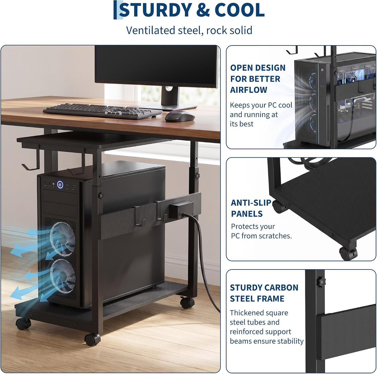 Garvee Adjustable Computer Tower Stand with Charging Station, 23"-33.5" PC Cart for Gaming Setups - Image 7