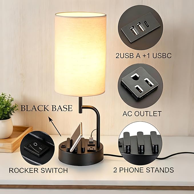 Dreamholder 2 Pack Table Lamp, Bedside Lamp with 3 USB Charging Ports & AC Outlet, USB Desk Lamp with 2 Phone Holders, Linen Fabric Shade Nightstand Lamps for Bedroom Living Room Office, Black - Image 2