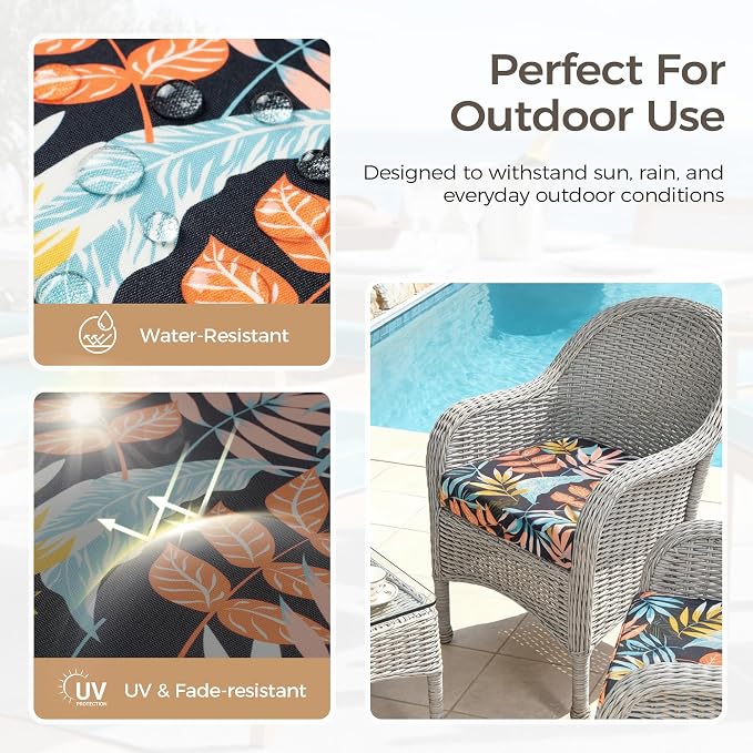 UNIKOME Outdoor Chair Cushions Set of 4, Water Resistant Patio Seat Cushions with Ties for Outdoor Furniture, High-Density Foam, UV & Fade Resistant, Piped Edge – 18.5" x 16" x 3", Colorful Leaves - Image 3