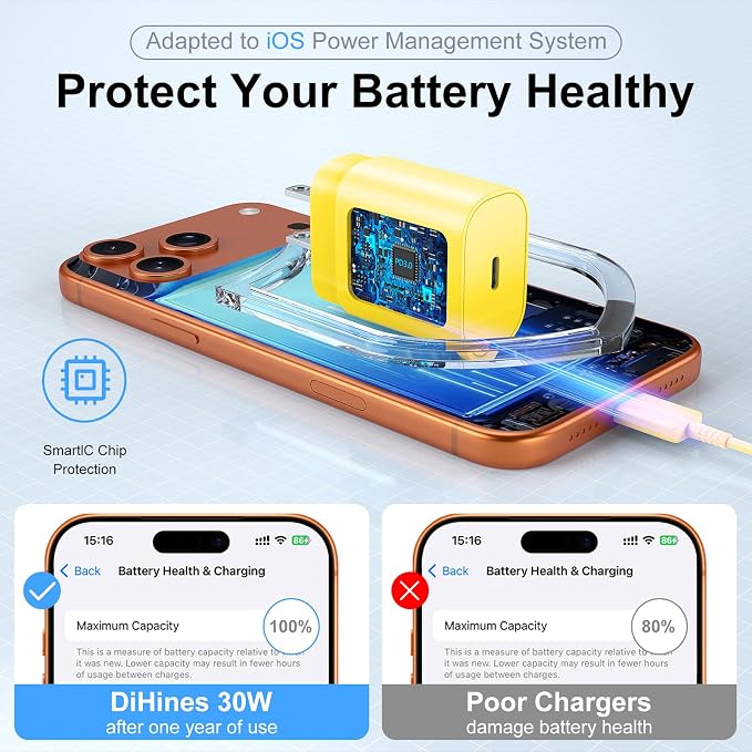 Phone 17 16 15 Charger Fast Charging,30W USB C Phone 17 16 15 Pro Max Charger Block &10FT Long Type C Cable Cord for i.Phone 17/Air/17 Pro/17 Pro Max/16/16 Plus/16 Pro/16 Pro Max/15/15 Pro Max,Yellow - Image 4