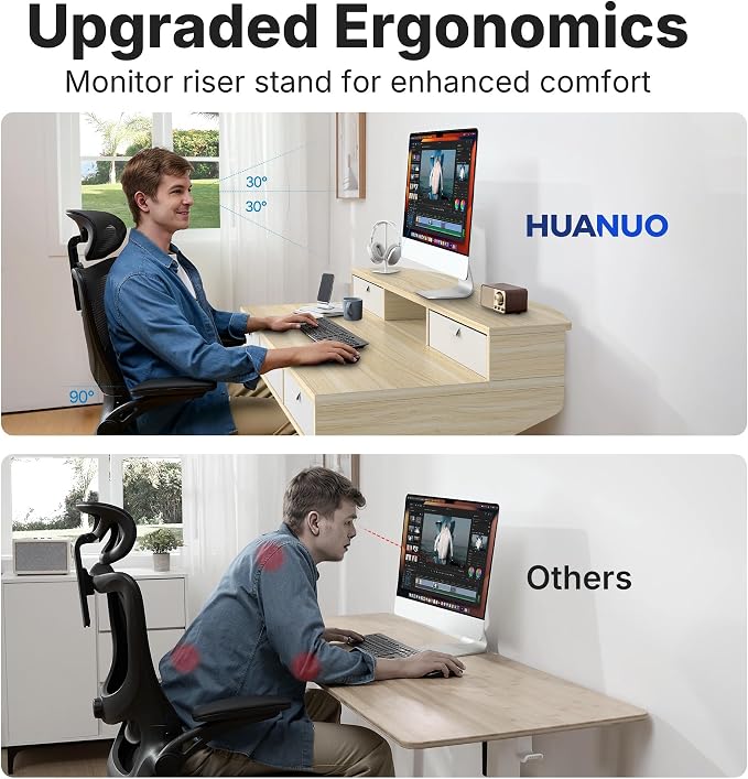HUANUO 40 x 24 Inch Electric Standing Desk with 4 Drawers, Natural | 4 Drawers For Organized Storage, Raised Monitor Shelf, C-Clamp Mount Support, 4 Memory Presets, 28.3–46.5 Inch Height Range - Image 5