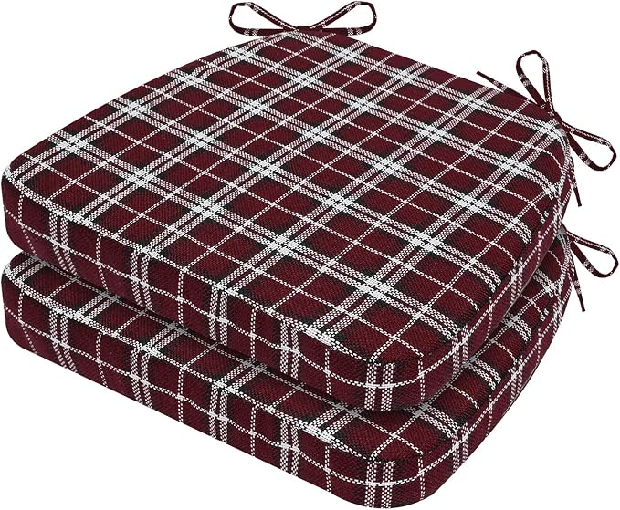 AAAAAcessories D-Shaped Chair Cushions, 2" Thick Dining Chair Pads with Ties and Removable, Machine-Washable Cover, 17" x 16", Set of 2, Red Checkered by AAAAAcessories
