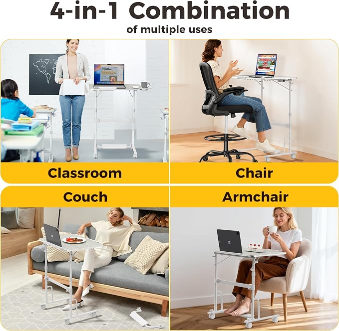 Foldable Standing & Rolling Desk, Upgraded Portable Desk on Wheels | Adjustable Height & Angle, Sturdy Mobile Table Workstation for Laptop with Footrest, Cup Holder, Edge Stopper & iPad Holder - Image 5