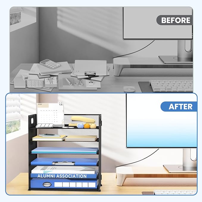 Daltack 6-Tier Paper Organizer for Desk with Handle, Black, 2 Pack | Sturdy Metal Mesh Organizer with Movable Middle Trays and a Carry Handle for Papers, Folders and Office Supplies - Image 7