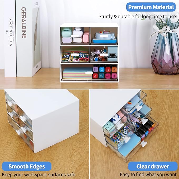 Desk Organizer with 5 Drawers, Rectangular Office Stationery Supplies Desktop Drawers, Plastic Makeup Storage, Suitable for Office, School, Home (White & 5 Drawers) - Image 7