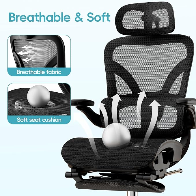 Ergonomic Office Chair, Home Office Desk Chairs with Adjustable Lumbar | Allion Ergonomic Mesh Computer Gaming Chairs with 3D Headrest, Flip-up Arms, Big Tall Reclining chair for Men Women, Black - Image 5