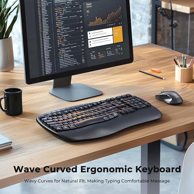 MEETION Ergonomic Wireless Keyboard and Mouse Combo with Wave Keys | Natural wave keys, hard wrist rest, 2.4G USB receiver, full-size layout, 4 DPI optical mouse, for Windows, Mac, desktop PC - Image 2