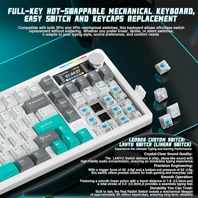 LINGBAO K98 PRO 96% Wireless Mechanical Gaming Keyboard with Screen & Knob | Tri-Mode BT5.0/2.4G/USB-C, Gasket Mount Hot Swappable Linear Switches, RGB Backlit Creamy Sounding for PC/Mac Office& Gaming - Image 6