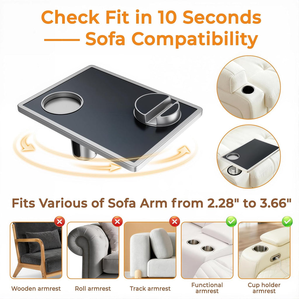 Sofa Arm Tray Table with 3-in-1 Cup Holder Phone Stand 360° Rotating - Image 7